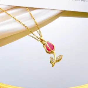 Xl2981 Rose Red Opal Necklace / Gold