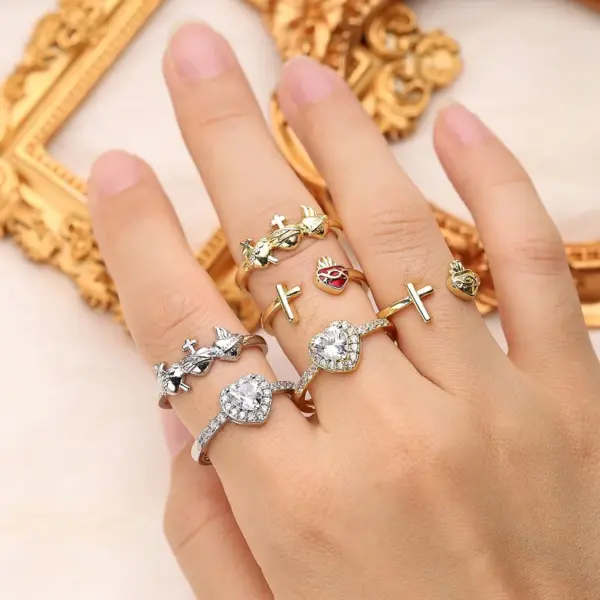 Wholesale Rack Plated 18K Gold White Cross Heart Shape Crown Artificial Gemstones Copper Glam Romantic Shiny Open Rings