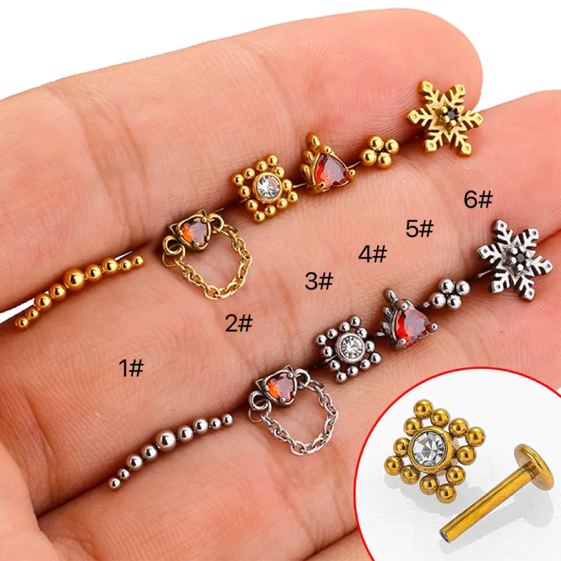 Wholesale 1 Piece Lip Rings Simple Style Heart Shape Snowflake 316L Stainless Steel Waterproof Non Tarnish Surgical Steel Zircon Ion Plating (IP) 18K