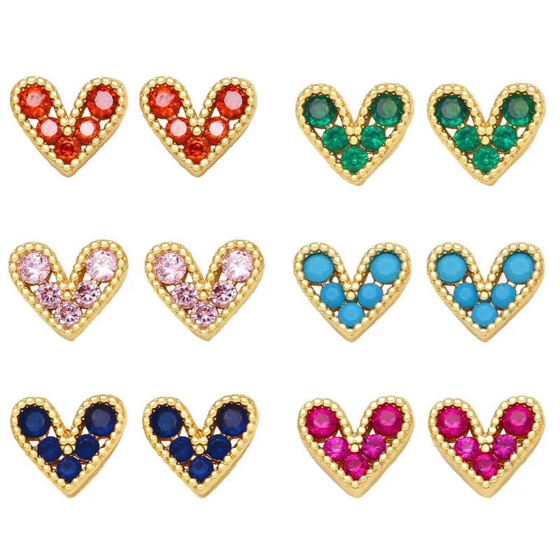 Wholesale Fashion Heart Copper Artificial Gemstones 18k Gold Plated Earrings Ear Studs