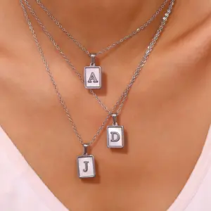 Wholesale 304 Stainless Steel Letter Square PVD Coated Shell Simple Style Waterproof Non Tarnish Inlay Cable Chain White Silver Pendant Necklace