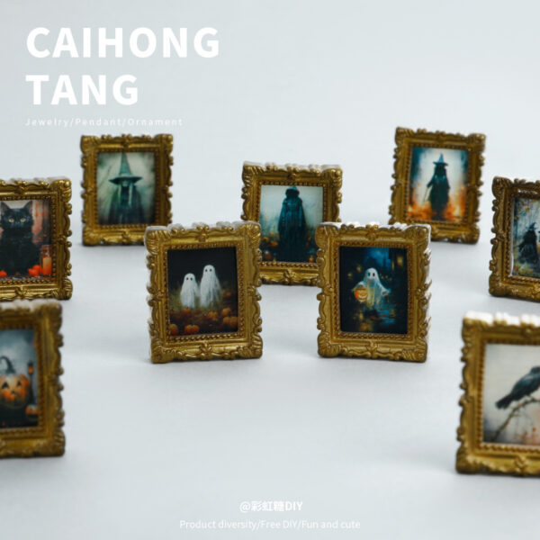 Wholesale Miniature resin gold ghost photo frame art ornament, DIY refrigerator magnet, creative earrings, hair clips, jewelry accessories