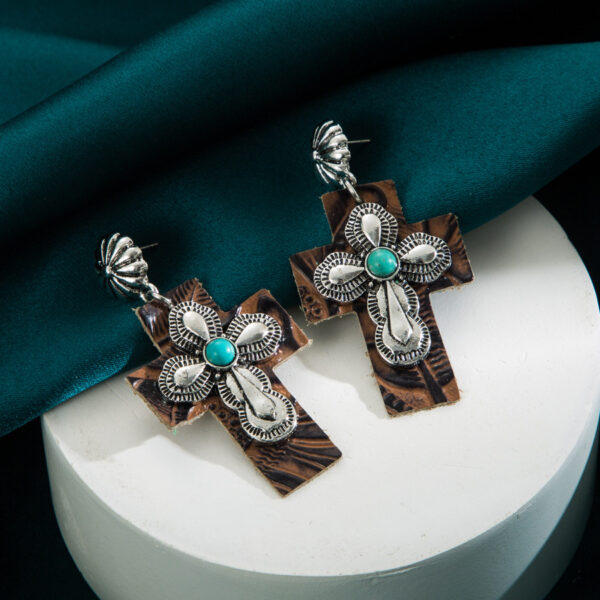 oly-3095c349d6ea8545206bf645f49f7d17 Wholesale Exaerated Cross Earrings with Inlaid Turquoise Leather