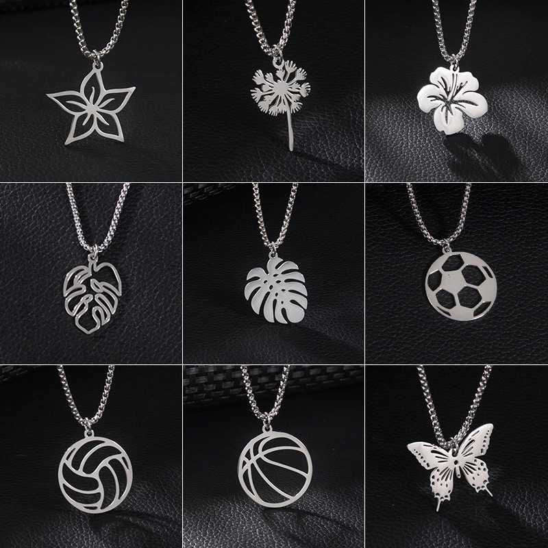 Wholesale Foreign trade aessories small new stainless steel hollow volleyball plant flowers butterfly pendant necklace jewelry men