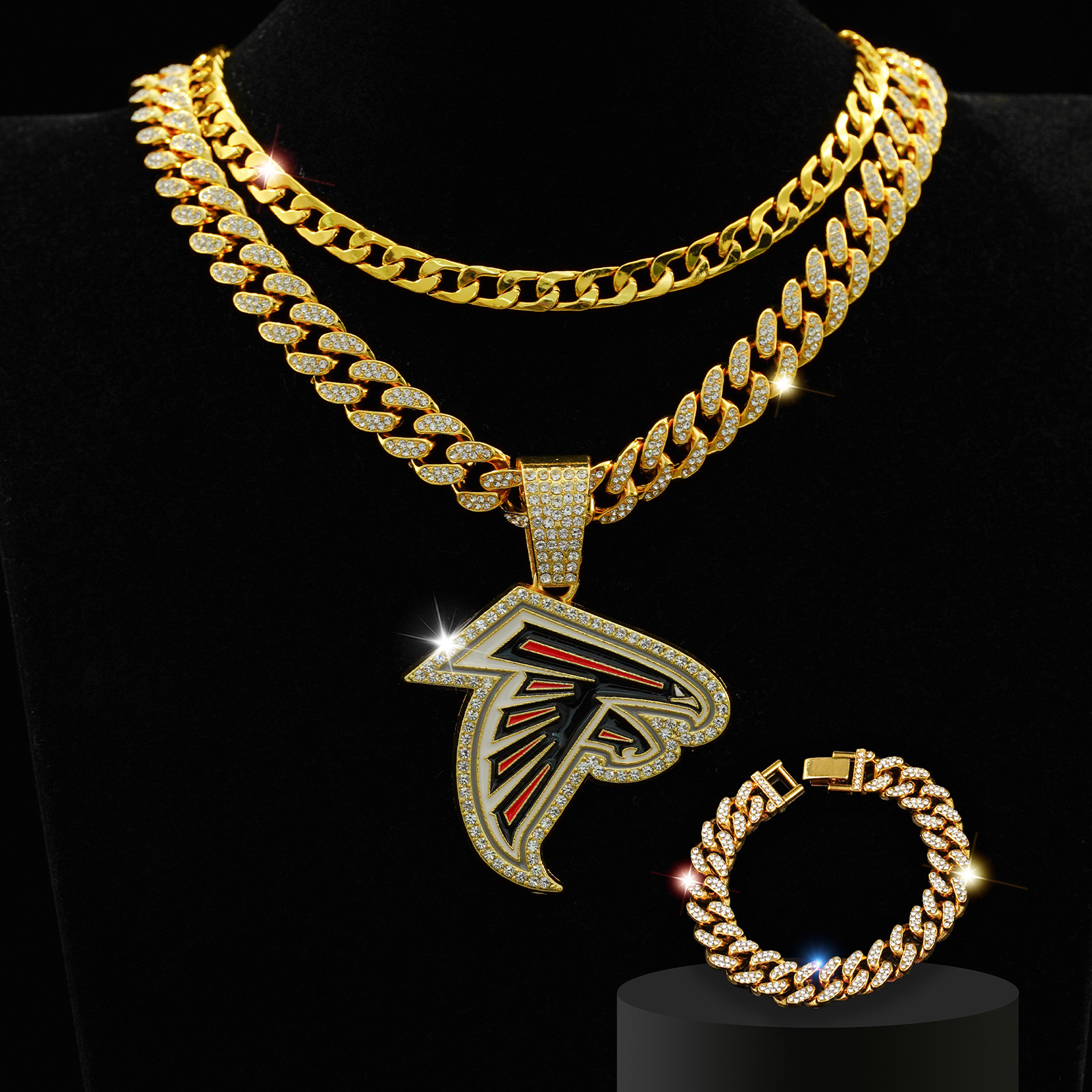 Wholesale Diamond Eagle Head Necklace Hip Hop Cuban Chain Bracelet Set