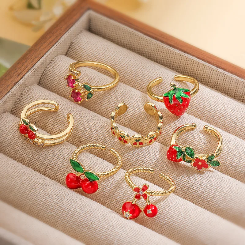 Wholesale Jewelry Casual Elegant Sweet Cherry Strawberry Copper Zircon 18K Gold Plated Enamel Plating Inlay Open Rings