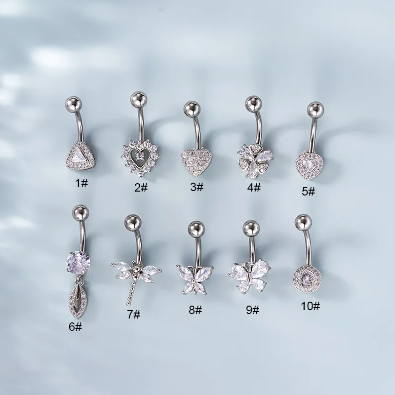 Wholesale 316L Stainless Steel Copper Zircon Belly Rings Heart Shape Waterproof Non Tarnish Surgical Steel Women'S