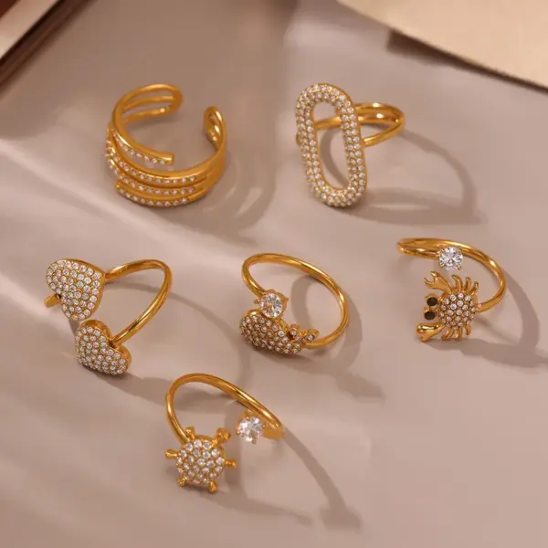 304 Stainless Steel Heart Shape Crab Whale PVD Coated Zircon Real Gold Plated Elegant Beach Shiny Waterproof Non Tarnish Plating Inlay Rings