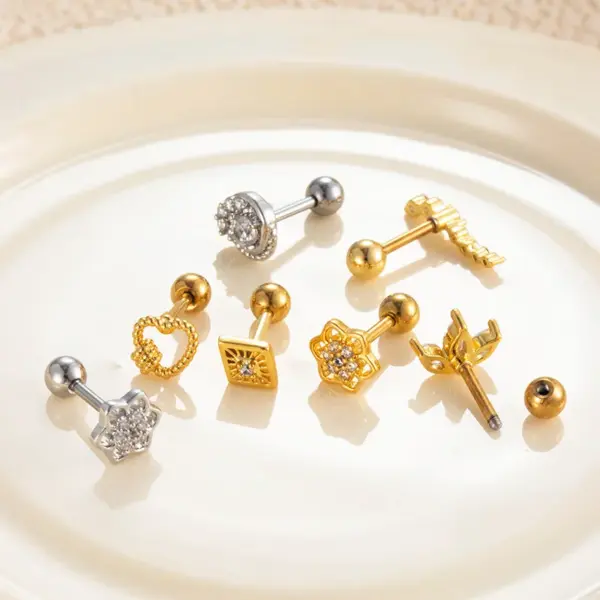 Wholesale 1 Piece 316 Stainless Steel Copper Zircon Ear Cartilage Rings & Studs Heart Shape Flower Ear Cartilage Rings & Studs