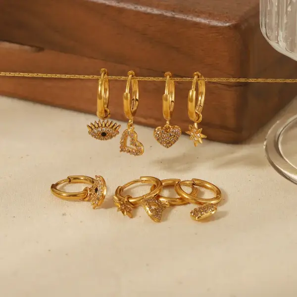 Wholesale PVD Coated Real Gold Plated Hexagram Heart Shape Eye 304 Stainless Steel Streetwear Waterproof Non Tarnish Drop Earrings