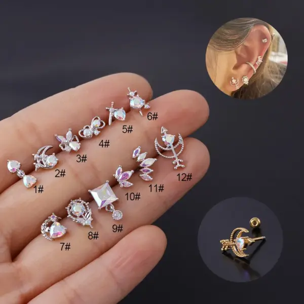 Copper Artificial Gemstones Ear Cartilage Rings & Studs Geometric Waterproof Non Tarnish Surgical Steel