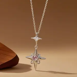 X08192 Copper Pendant with Inlaid Diamonds Large and Small Stars Necklace Silver