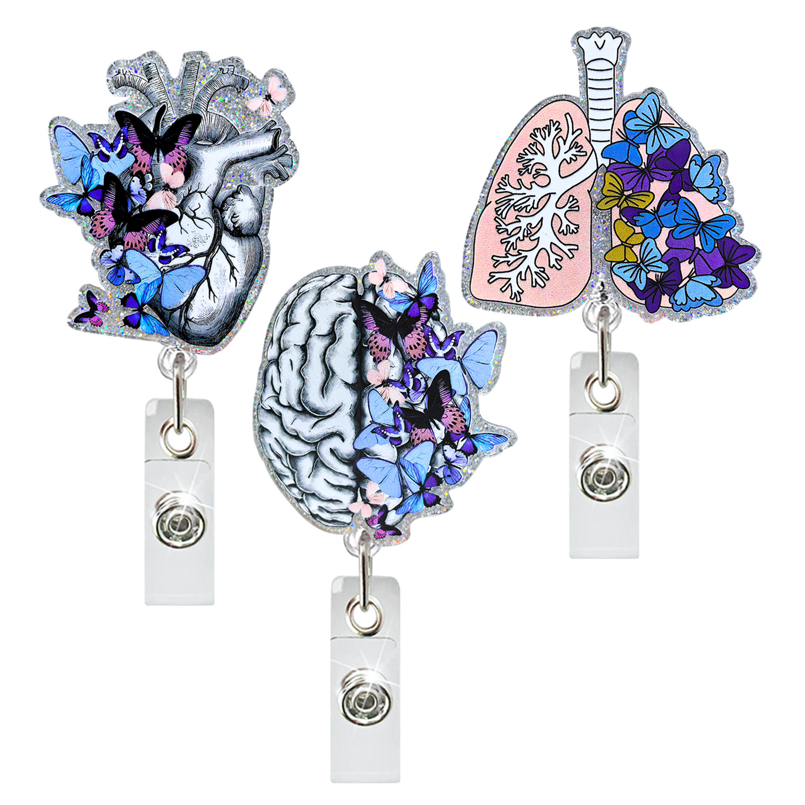 Wholesale Acrylic Lung Heart Brain Blue Butterfly Medical Retractable Badge Reel Easy Pull ID Buckle Easy Pull Buckle