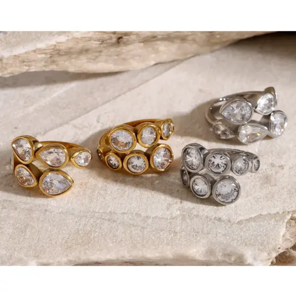 Wholesale 304 Stainless Steel Geometric Water Droplets PVD Coated Zircon 18K Real Gold Plated Real Gold Plated IG Style Waterproof Non Tarnish Inlay Gold Open Rings
