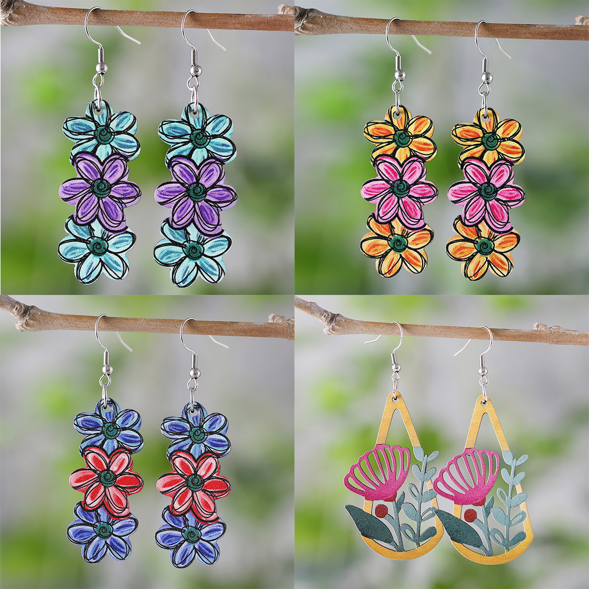 Wholesale Spring and Summer Bohemian Color Flower Pendant Earrings Women Wooden Double-Sided Earrings Camping Holiday Gift