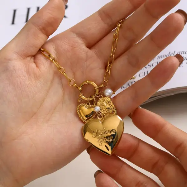 Wholesale Jewelry Simple Style Classic Style Heart Shape Flower Butterfly 304 Stainless Steel Zircon PVD Coated Pearl Hollow Out Inlay Cable Chain Multi Charms Necklace