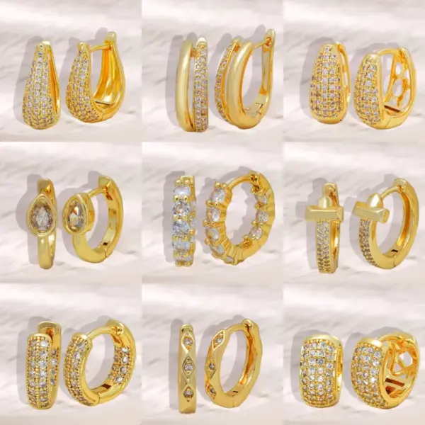 Wholesale Elegant Copper Plated 18K Gold Zirconia Embedded Earrings Women's Fashion Jewelry Non-Fading Geometric Pattern Hoop Earrings
