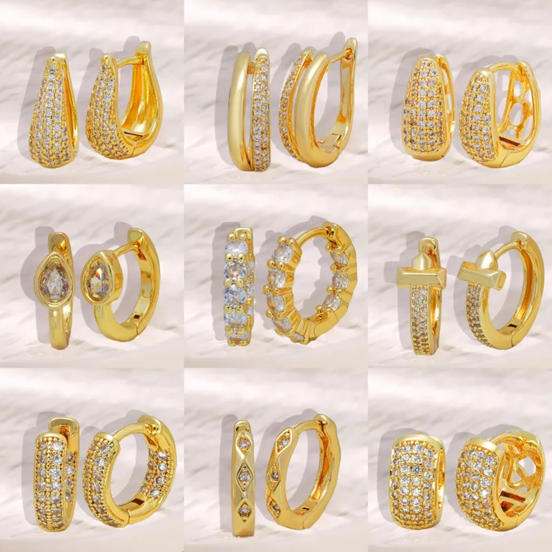 Wholesale Elegant Copper Plated 18K Gold Zirconia Embedded Earrings Women's Fashion Jewelry Non-Fading Geometric Pattern Hoop Earrings