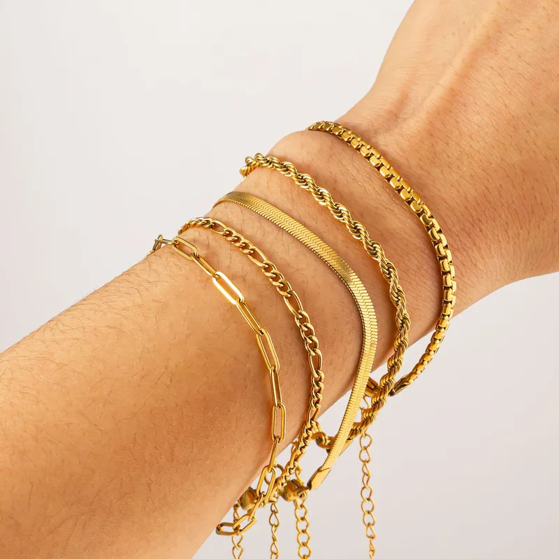Wholesale Simple Style Solid Color 304 Stainless Steel 18K Gold Plated Twisted Rope Chain Snake Chain Bracelets Chain Bracelet In Bulk