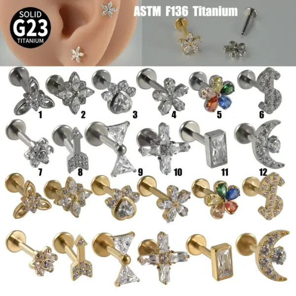 Wholesale 1 Piece Lip Rings Casual Tropical Star Flower G23 Titanium Polishing Plating Zircon 18K Gold Plated Lip Rings Ear Cartilage Rings & Studs