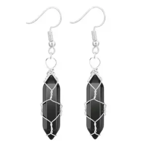Silver Obsidian Earrings / Wire-Wound Hexagon Prism Earrings