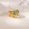 Wholesale Retro Exaggerated Turquoise Cat's Eye Stone Stainless Steel Ring Women's Open Finger Jewelry High-End Geometric Pattern Design