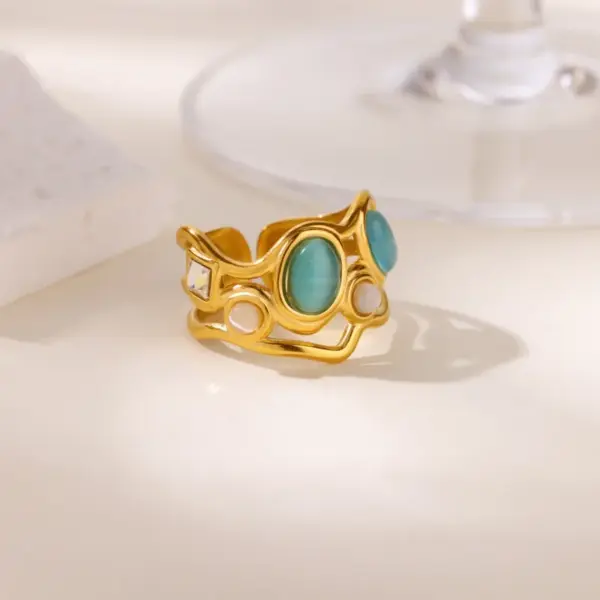 Wholesale Retro Exaggerated Turquoise Cat's Eye Stone Stainless Steel Ring Women's Open Finger Jewelry High-End Geometric Pattern Design