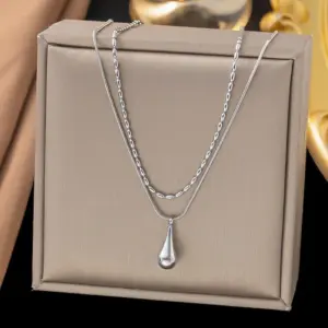 [Ah1256] Double-Layer Water Drop Necklace / Steel Color