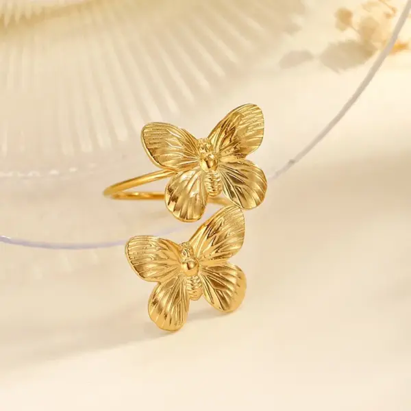 Wholesale PVD Coated Real Gold Plated Butterfly Bow Knot 304 Stainless Steel Classical Romantic Solid Color Waterproof Non Tarnish Open Rings