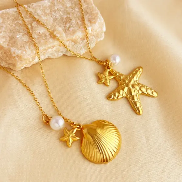 PVD Coated Real Gold Plated 18K Gold Starfish Shell 304 Stainless Steel Elegant Beach Waterproof Non Tarnish 201 Stainless Steel Pendant Necklace