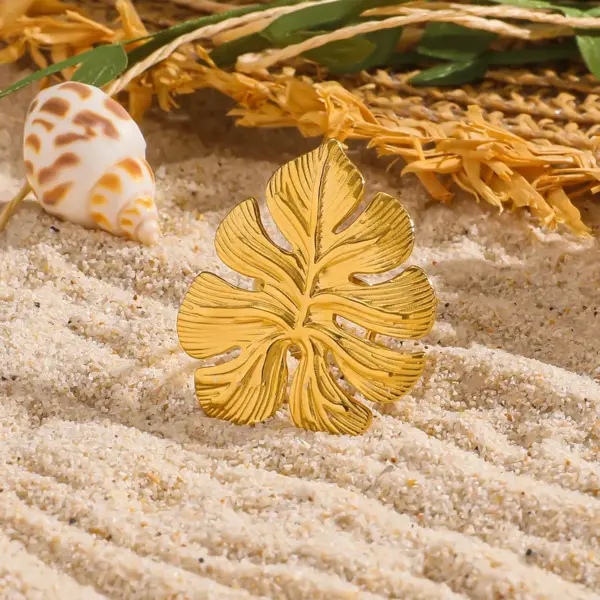 Wholesale Large Leaf Stainless Steel 316L Titanium Steel Earrings Versatile Commuting Feel Flower Pattern Vacuum Plated Zirconia Embedded
