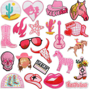Wholesale Red Flame Embroidered Cloth Sticker Pink Women's Western Denim Patch Bag Decorative Cowboy Hat Guitar Embroidered Label