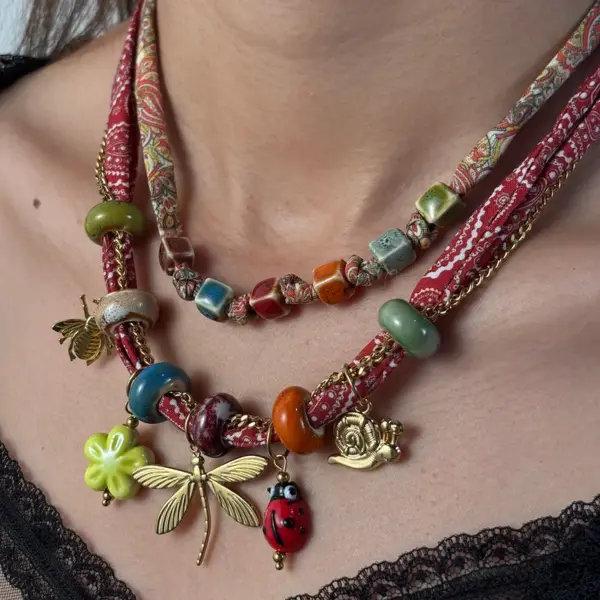 Wholesale Jewelry Casual Elegant Classical Heart Shape Ladybugs Flower 304 Stainless Steel Bandana Cloth Strip 18K Gold Plated PVD Coated Plating Silk Scarf Cord Cuban Link Chain Curb Chain Cloth Strip Multi Charms Necklace