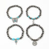 Wholesale Imitation pearl cactus butterfly bull's head flower elastic bracelet, vintage turquoise patchwork CCB bracelet set for women.