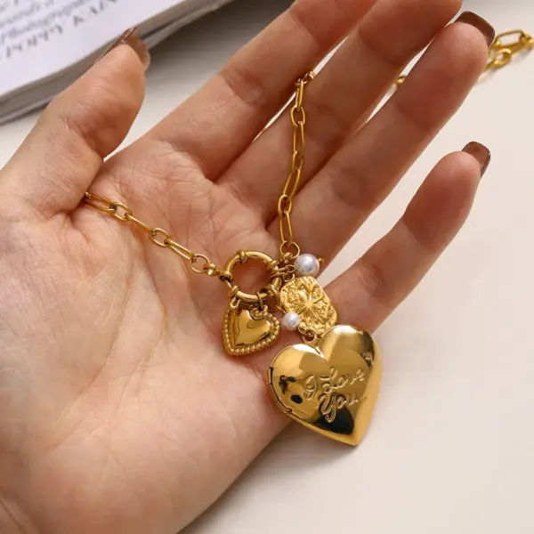 Wholesale Jewelry Simple Style Classic Style Heart Shape Flower Butterfly 304 Stainless Steel Zircon PVD Coated Pearl Hollow Out Inlay Cable Chain Multi Charms Necklace