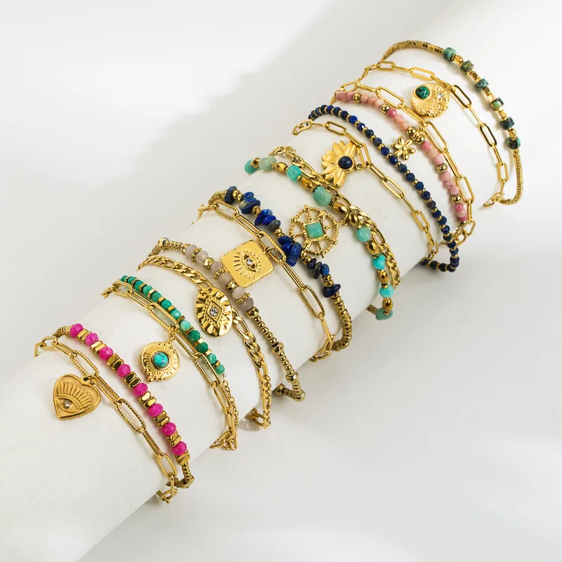 Wholesale Retro Vacation Heart Shape Eye Stainless Steel Natural Stone Beaded Plating Inlay Zircon 18k Gold Plated Bracelets