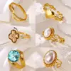 Wholesale Luxurious Vintage Large Imitation Pearl Women's Ring 18K Gold Plated Four-Leaf Clover Rotating Heart Blue Zircon Jewelry Ring