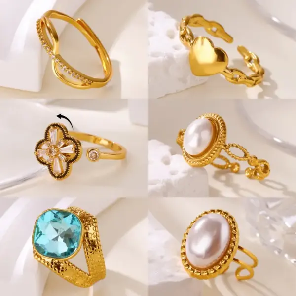 Wholesale Luxurious Vintage Large Imitation Pearl Women's Ring 18K Gold Plated Four-Leaf Clover Rotating Heart Blue Zircon Jewelry Ring