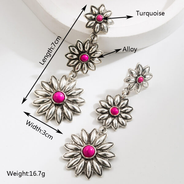 Wholesale Cross-border New Hot Artistic Retro Style Inlaid Turquoise Geometric Flower Tassel Earrings Personalized Fashion Earrings