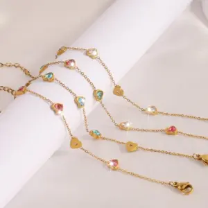 Wholesale 304 Stainless Steel Heart Shape PVD Coated Zircon Real Gold Plated 18K Gold Simple Style Classic Style Waterproof Non Tarnish O-shaped Chain Lobster Trigger Clasp Closure Bracelets