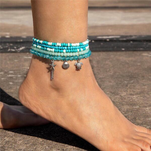 oly-325b4f5e232b49f5a332f63e9b8e2a50 Wholesale holiday style bohemian beaded stacked anklet starfish turtle shell pendant anklet five-piece set for women