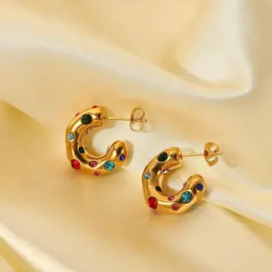 Wholesale 304 Stainless Steel C Shape PVD Coated Artificial Crystal Artificial Rhinestones 18K Real Gold Plated 18K Gold Retro Waterproof Non Tarnish Plating Inlay Ear Studs