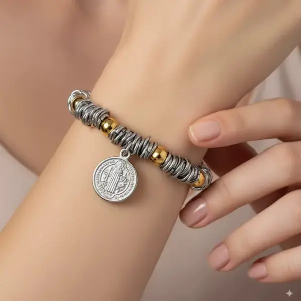 Wholesale St Benedict And Madonna Pendant Stainless Steel Bracelet With Gold Beads Unisex Casual Everyday Wear Cross Heart Religious Jewelry