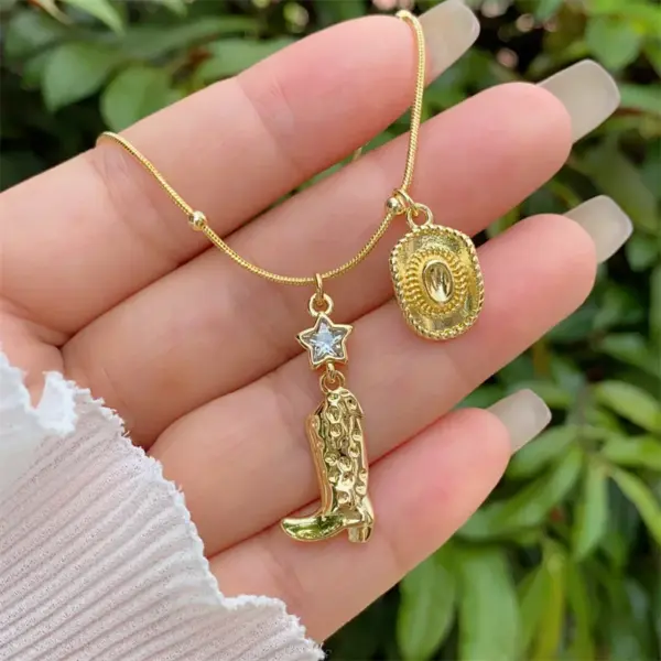 Wholesale 18K Gold Plated Western Cowboy Shoe And Hat Pattern Necklace Creative Daily Wear For Men And Women Multi Style Pendant Necklace Gift