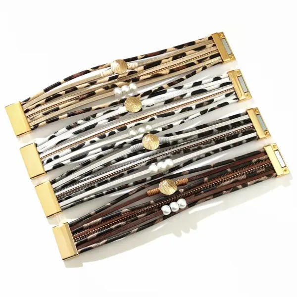 Bohemian Leopard Pu Leather Alloy Beaded Buckle Artificial Pearls Gold Plated Sier Plated Women's Bracelets