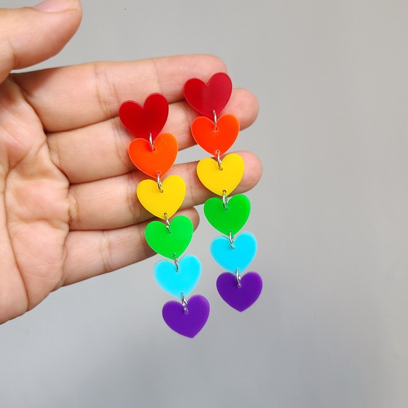 Wholesale Cross-Border European and American Rainbow Six-Color Acrylic Cute and Sweet Tassel Heart-Shaped Flower Arrow Earrings for Women