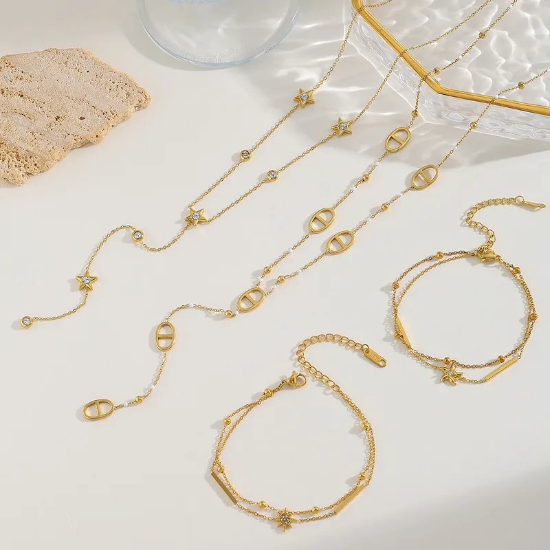 Wholesale Geometric Star Stainless Steel 18K Gold Plated Zirconia Multi-Pendent Necklace Dual-Layer Bracelet Jewelry Set For Women