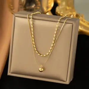 【H443】Double Chain Golden Ball Necklace / Gold