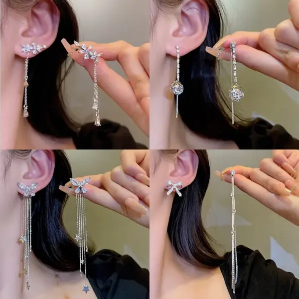 Wholesale 1 Pair Fairy Style Heart Shape Rhombus Bow Knot Copper Tassel Plating Inlay Zircon Drop Earrings