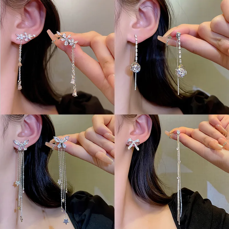 Wholesale 1 Pair Fairy Style Heart Shape Rhombus Bow Knot Copper Tassel Plating Inlay Zircon Drop Earrings
